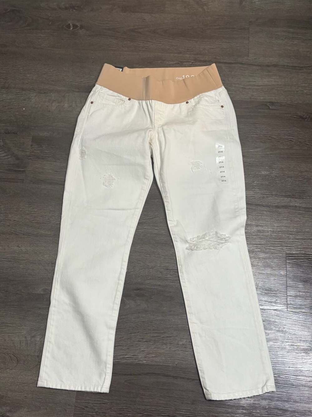 Gap 1969 Maternity Demi Panel Real Straight White Distressed Jeans Size 27/4